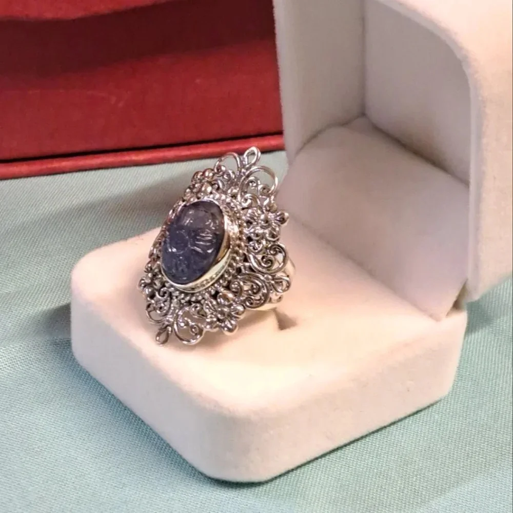 Tanzanite Natural Hand Carved Floral Ring In 925 Sterling Silver.
